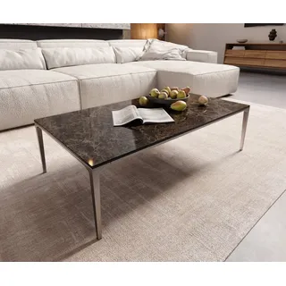 DELIFE Couchtisch Levente 110x60 cm Keramik Laminam® Emperador Extra Lucidato Dunkelbraun Gestell Edelstahl Silber - Dunkelbraun, Braun