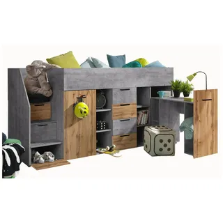 Abiks Möbel Hochbett mit Schreibtisch 90/200 cm , Holz , Nachbildung , 10 Fächer , 4 Schubladen , 90x200 cm , Babymöbel & Kindermöbel, Kinderzimmer & Jugendzimmer, Kinderbetten, Hochbetten