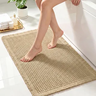 wiipara Badezimmerteppich rutschfeste Badematte Boho Badteppich, Beige | Waffelstruktur Badezimmermatte, Badvorleger Saugfähig, Waschbar, Schnelltrocknend für Badezimmer Wohnzimmer Küche, 46x77cm