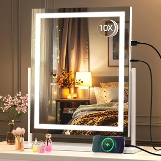 Hasipu LED Schminkspiegel 40x50cm mit Beleuchtung - Kosmetikspiegel mit Smart Touch, 3 Lichtfarben, Helligkeitsregler, 10-Fach Vergrößerung & 360° Drehung