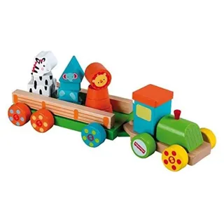 Fisher-Price Holz-Eisenbahn mit Anhänger und stapelbaren Tier-Bauklötzen (Zebra, Elefant, Löwe), 32x11x12 cm, ab 12M