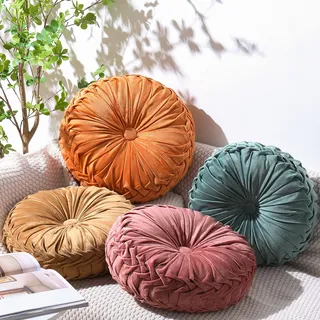 Kathfly Rundes Kissen, 4 Stück, Samt, plissiert, 3D-Kürbis, rundes Kissen, Boho-Bodenkissen, Couch für Bett, Stuhl, Zuhause, Auto, Sofa, Dekorationen, 4 Farben, 36 x 36 cm Ches