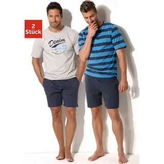 Pyjama H.I.S, Herren, Gr. 52/54 (L), blau (marine, grau, meliert, marine, aquablau), Jersey, Obermaterial: 100% Baumwolle, bedruckt, gestreift, Basic, bequem kurz, Rundhals, abgesteppte Kante, Homewear-Sets Pyjama, Schlafanzug mit unterschiedlichem Design, Topseller