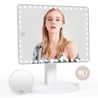 FASCINATE Groß Wiederaufladbar Schminkspiegel mit Beleuchtung, 1fach/10fach Vergrößerungsspiegel, Dimmbarer Tischspiegel mit Licht, 360° Drehbar Kosmetikspiegel mit Beleuchtung(Weiß)