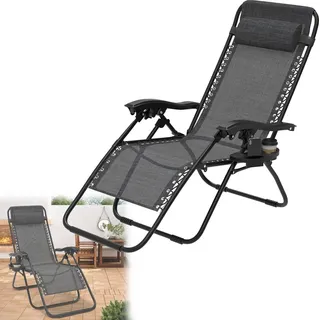 YUENFONG Liegestuhl Garten Sonnenliege Gartenliege Klappbar Leicht Klappliegestuhl Balkon Terrassen Liege Strandliege mit Kopfkissen Getränkehalter(Anthrazit, 1 Stück) - Grau
