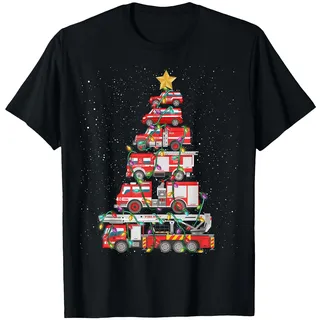 Feuerwehrauto Weihnachtsbaum Lichter Feuerwehr Festliche T-Shirt, Herren, Schwarz, L