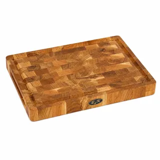 B4K® Schneidebrett aus Eiche Stirnholz 35 × 25 × 4 cm | Massiver Hackblock, Antibakterielles Hirnholzbrett, Mit Griffen, Saftrille & Silikonfüßen, Perfekt für Küche, Fleisch & BBQ