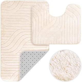 HOMELUX Badematten Set 2 Teilig rutschfest Badvorleger Badteppich Weich Flauschige Badezimmer Teppich, 60 x 100cm Badeteppich + 60 x 50cm WC Vorleger mit Ausschnitt, Champagner, 2BL