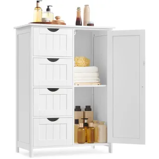 VASAGLE Badezimmerschrank, schmaler Badschrank, Beistellschrank, Kommode, mit 4 Schubladen, Schranktür, verstellbare Ablage, 35 x 65 x 90 cm, wolkenweiß LHC042W01