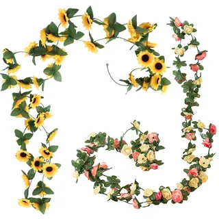 DHSBGWSX 2 Stück Künstliche Blumen-Rattan, Künstliche Sonnenblumen-Girlande, Künstliche Pfingstrosen-Blumenrebe, Sonnenblumen-Dekoration, Hängende Rebe, Hochzeits-Gartendekoration