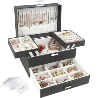 Schmuckkasten, Schmuckkästchen mit Schubladen für Damen Mädchen, PU-Leder Jewelry Box Schmuckbox Schmuckschatulle Groß Schmuckaufbewahrung für Ringe Ohrringe Armbänder Halsketten, Grau