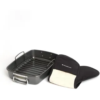 Bundle aus MasterClass KCMCHB52 Große Bratform und Rost, 40 x 28 x 7,5 cm, Grau + MasterClass Ofenhandschuhe, hitzebeständig, doppelseitig, strapazierfähige Baumwolle, Schwarz