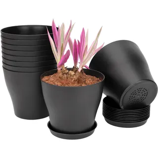 BELLE VOUS 10 Stück 13,5 cm Schwarze Kunststoff Blumentopf mit Untersetzer - Großer Blumentopf mit Drainagelöchern - Blumentöpfe für Zimmerpflanzen & Balkon Sukkulenten Kaktus