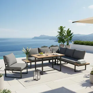 Flieks Gartenlounge-Set 5 Teilig, Balkonmöbelset mit Gartentisch für 6 Personen, Gartensofa mit Ecksofa & Stuhl, Couchtisch mit Kunststoffplatte, Grau - Grau