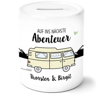 OWLBOOK® Wohnmobil auf ins nächste Abenteuer | Personalisierte Spardose mit Namen | personalisierte Geschenke für Frauen und Männer | Geburtstagsgeschenke Keramik