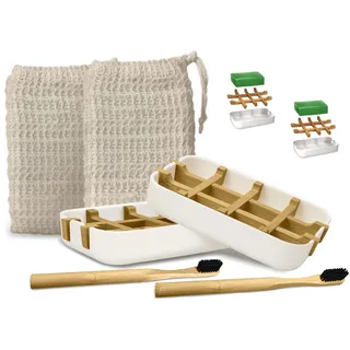 EDARTO® 2er Set Seifenschalen aus Bambus & Maisstärke, Nachhaltig & Umweltfreundlich mit Abtropfschale, Inkl. 2 Sisal Seifensäckchen & 2 Bambuszahnbürsten, Seifenhalter, Seifenablage für Bad & Dusche