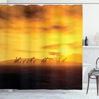ABAKUHAUS Safari Duschvorhang, Dramatische Sonnenuntergang Giraffen, mit 12 Ringe Set Stielvoll Modern, 175x240 cm, Ringelblume und Bernstein