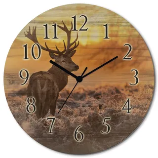 ARTLAND Wanddeko Wanduhr ohne Tickgeräusche aus Holz Funkuhr lautlos rund Ø 30 cm Rotwild D3JI Tiere Hirschbilder