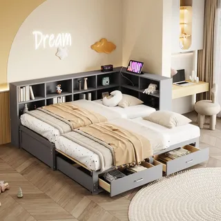 Ball & Cast Stauraumbett (90/180x190cm) mit Schublade, Schlafsofa mit Vielen Ablagefächern + Multifunktionale Euro-Steckdose, Einfach & Zeitsparend Montierbar, Grau