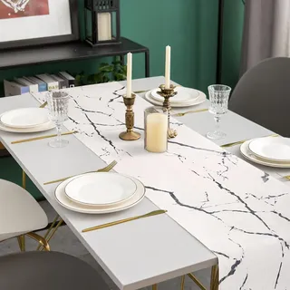 Tafelloper Modern Lente - Rustikales Design - 1 Stück - Weiß und Grau - Leinen - 33 x 183 cm