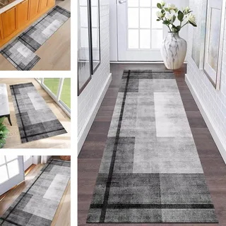 Abstrakte Läufer Flur Küche Waschbar rutschfest Korridor Teppichmatten 110X240CM Grau Schwarz Lang Küchenteppich Flurteppich Läufer Schlafzimmer Esszimmer Polyester Teppichläufer Meterware Anpassbar