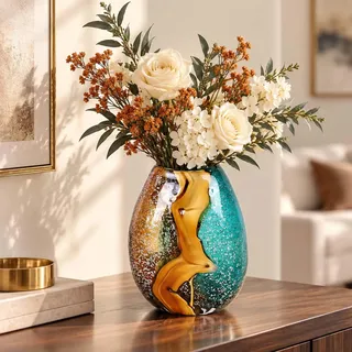 Hübsche, mundgeblasene Glasvase, farbige Glas-Blumenvasen, Heimdekoration, bernsteinfarbene und blaugrüne dekorative Murano-Vase für Wohnzimmer, Büro, Schlafzimmer, Küstentisch, Tafelaufsätze
