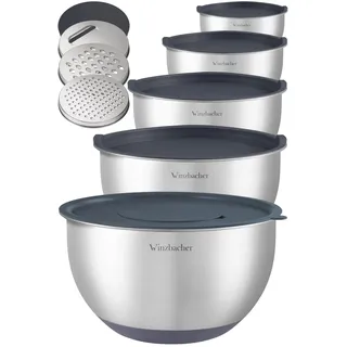 Winzbacher - Schüssel Set aus 304 Edelstahl mit Deckel & Reiben [5er Set] | 1l + 1.5l + 2.5l + 3.5l + 4.5l | Rührschüssel, Salatschüssel, Servierschüssel | rutschfest | stapelbar | spülmaschinenfest