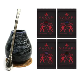 Mate Green Becher Set | Mate Tee Starter Set | Kaffee Alternative | Keramik Becher “Celestial” 350ml, Edelstahl Bombilla, Vakapi Mate Tee aus Paraguay | Starke Anregung