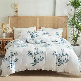 Freyamy Bettwäsche 200x220cm 3teilig Weiß Blau Blumen Rüschen Wendebettwäsche Microfaser Weiche Bettwaren-Sets Romantisch Mädchen Bettbezug mit Reißverschluss und 2 Kissenbezug 80x80cm