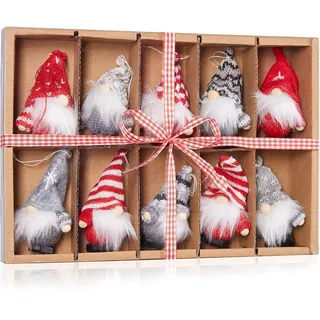 Brubaker 10-teiliges Set Weihnachtsgnom aus Holz und Strick - Baumanhänger Weihnachtszwerge Wichtel - Weihnachtsanhänger ca. 9 cm - Weihnachtswichtel in Geschenkbox