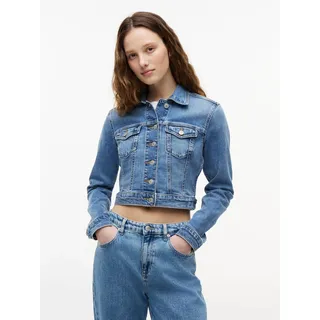 Jeansjacke TOMMY JEANS "NEW SLIM TRUCKER JACKET CJ8138", Damen, Gr. XS (34), denim medium, Denim/Jeans, Obermaterial: 99% Baumwolle, 1% Elasthan, unifarben, slim fit taillenbedeckt, Jacken Jeansjacke, Baumwollmischung, slim fit, Brusttaschen