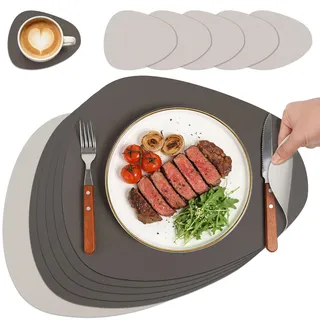 HELI MIAO Tischsets Abwaschbar,Platzsets Abwischbar, Leder,Hitzebeständig Doppelseitigen I 6er Set Platzdeckchen Lederoptik mit Untersetzer,Tischuntersetzer rutschfest,Anthrazit + Hellgrau