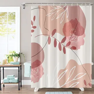 Umpoo Duschvorhang, Boho-Stil, Blumenmuster, abstrakte geometrische Linien, Moderne ästhetische Kunst, Stoff, wasserdicht, für Damen, Mädchen, Badezimmer-Dekoration, 12 Kunststoffhaken, Rosa, 72 x 72
