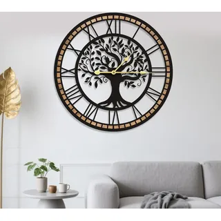 Runde Dekorative Wanduhr mit Lebensbaum Muster, Schlichte Retro-Wanduhr | Wanduhr aus Metall und Holz mit Römischen Ziffern, Geräuschloses Ticken, Geeignet für Wohnzimmer Schlafzimmer Arbeitszimmer