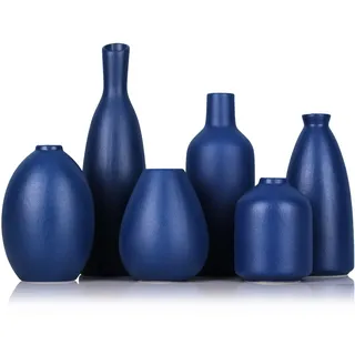 Blaue Keramik Knospen Vasen Set von 6, Bauernhaus Dekor, Kamindekor, Kaminsims & Regal Dekor, Heimdekoration für Wohnzimmer, Eingang, Badezimmer & Büro, Couchtischdekoration, Knospenvasen in Bulk
