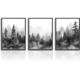 Dazzlewall Misty fürest Mountain Kunstdrucke Poster Schwarz Weiß Wald Landschaft Wandbilder für Schlafzimmer Wohnzimmer Dekor 30X40 cm Ohne Rahmen 3er Set