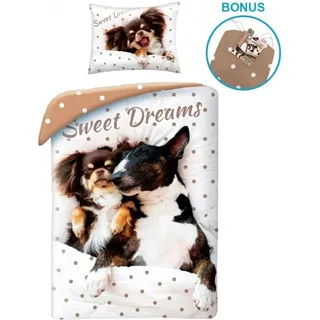 Halantex Hunde Bettwäsche, 100% Baumwolle, 140x200cm + 70x90cm, Bettwäsche mit Tieren - Weiß