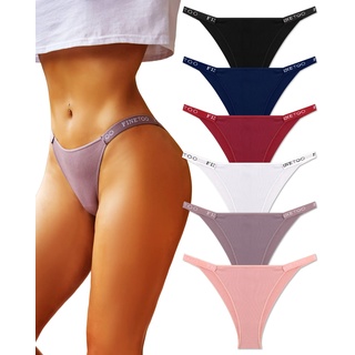 FIENTOO Damen Unterwäsche Baumwolle High Cut String Bikini Panties Stretch Low Rise Hipster Damen Sexy Freche Unterwäsche, Packung mit 6 Stück, X-Large