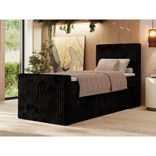 MKS Meble Boxspringbett 90x200 Tiliano DUO mit Stauraum, 7-Zonen-Taschenfederkernmatratze, Cordbezug, Einzelbett für Schlafzimmer, - Schwarz Cord - Topper T25 - Rechts - Schwarz