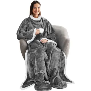 Catalonia Classy Tragbare Decke mit Ärmeln und Fußtaschen, Bequeme Kuscheldecken für Frauen, Erwachsene, Männer, Fleece, warme, gemütliche Decke, Geschenkideen