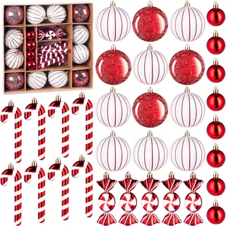 Brubaker 33-TLG. Weihnachtskugel Set - Christbaumschmuck mit Kugeln, Zuckerstangen und Bonbons - Moderner Baumschmuck - Baumkugel Weihnachtsbaumschmuck - Anhänger für Weihnachtsbaum - Rot Weiß