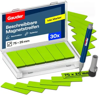 GAUDER Magnetetiketten beschreibbar - Wiederverwendbare Magnetschilder zum Beschriften für Whiteboard, Tafel, Kanban-Board und Kühlschrank - Magnetkarten mit Marker (30 Stück - 75 x 25 mm)