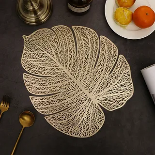 Set mit 6 Tischsets mit hohlem Blattmuster, abwaschbar, dekorativ, rutschfest, aus Kunststoff f1r den K1chentisch (gold)