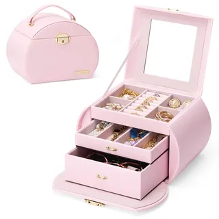 Seelux Tragbare rosa Schmuckbox für Mädchen: 3 Ebenen mit 2 Schubladen | 12 Fächer für Ringe Ketten und Ohrringe-Für Schminktisch und Reisen-Schloss und Samtfutter schützen den Inhalt-Hellrosa Gold