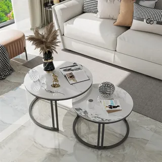 WISFOR 2er Set Couchtisch mit Aluminiumgestell, Satztisch Marmor Optik, Runder Kaffeetisch Wohnzimmertisch Sofatisch, Jadeweiß - Schwarz