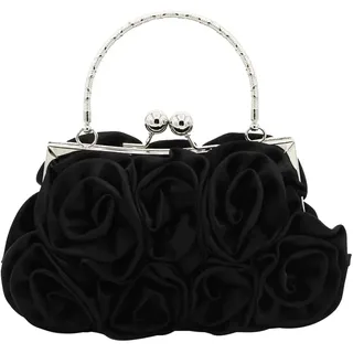 CORIOS Damen Elegante Abendtasche Blumen Clutch Tasche Handtasche mit Kette Kiss Lock Mini Rose Schultertasche Satin Umhängetasche für Hochzeit Bankett-Party Abschlussball Schwarz
