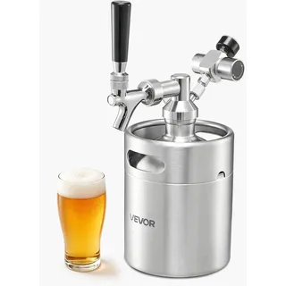 VEVOR Mini-Bierzapfanlage mit CO2-Regler 1,94 L Edelstahl-Bierfass Zapfsystem, mit Selbstschließendem Zapfhahn, CO2-Drucksystem zum Frischhalten, für Hausgebrautes Bier, Craft Beer, Fassbier und Party