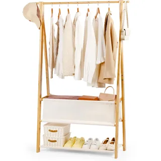 Relquorax Kleiderständer Bambus, Garderobenständer offener Kleiderschrank mit Aufbewahrungstasche und Ablage Kleiderstange Haken, stabil für Schlafzimmer Flur (M - 100cm)