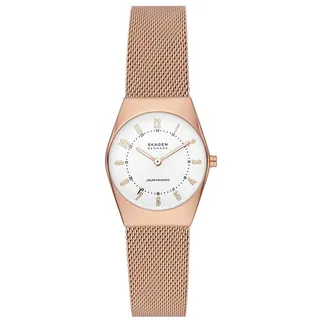 Skagen Grenen Uhr für Damen, Solarbetriebenes Uhrwerk mit Edelstahl- oder Lederarmband, Roségoldton und Weiß, 26MM