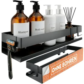 Minismus Duschablage ohne Bohren Schwarz, Duschregal mit Sicherheitsleiste und Haken, Wandregal ohne Bohren, Badablage Badezimmer Organizer, Shampoo Halterung Dusche, Kleben oder Schrauben, Edelstahl